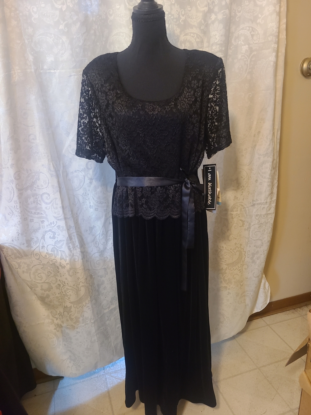 Black Lace & Velvet Maxi Dress with Satin Waist Tie